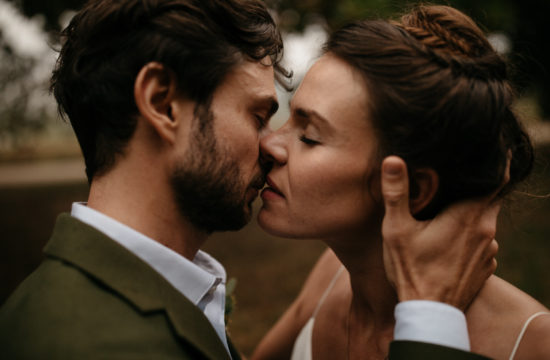 couple first kiss during their wedding day in the south of France