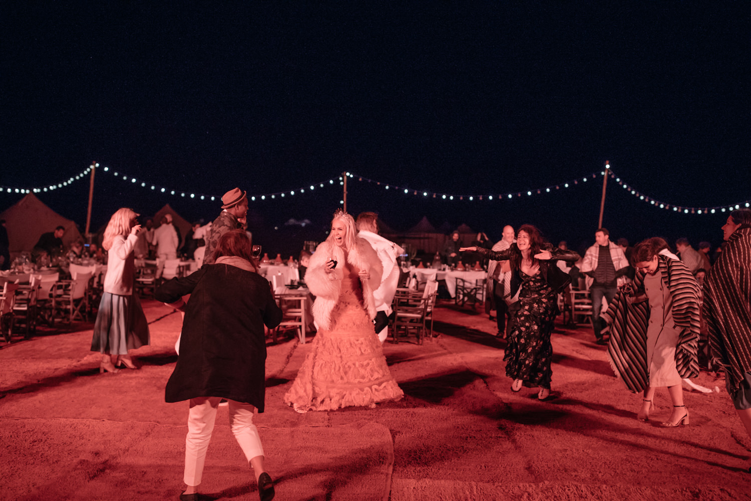 Dinner party for a wedding in the desert at Scarabeo Camp in Marrakesh